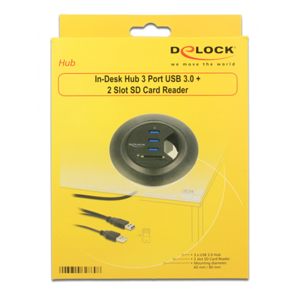 Delock In-Desk Hub 3 Port USB 3.0 + 2 Slot SD Card Reader 62869
