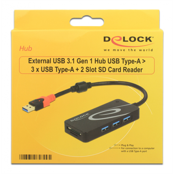 Delock External USB 3.1 Gen 1 Hub USB Type-A > 3 x USB Type-A + 2 Slot
