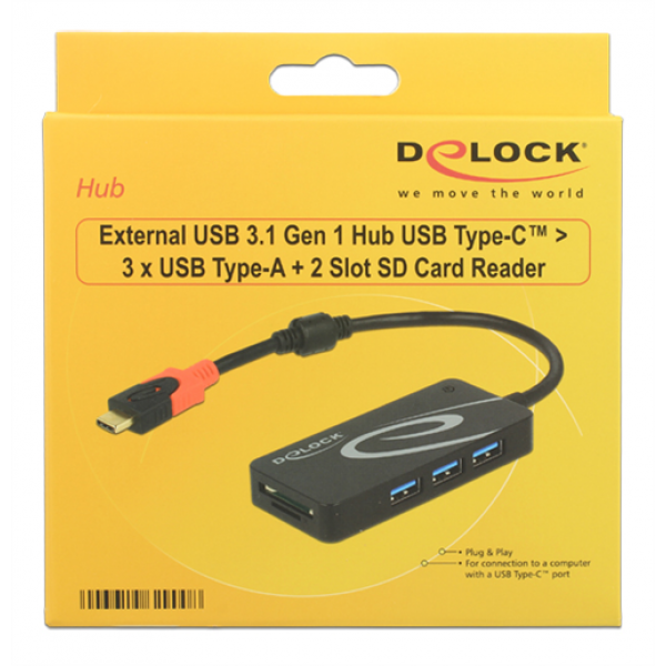 DeLOCK extern uSB 3.1 Gen 1 hubb, USB-C ha, 3xUSB-A ho, svart 62900