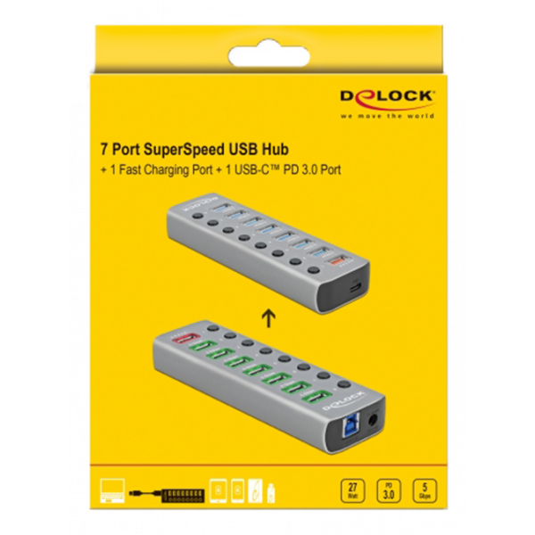 Delock USB 3.2 Gen 1 Hub with 7 Ports + 1 Fast Charging Port + 1 USB-C 63264