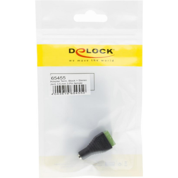 DeLOCK adapter, 3,5mm stereo ho till 3-pin terminalblock, svart 65455