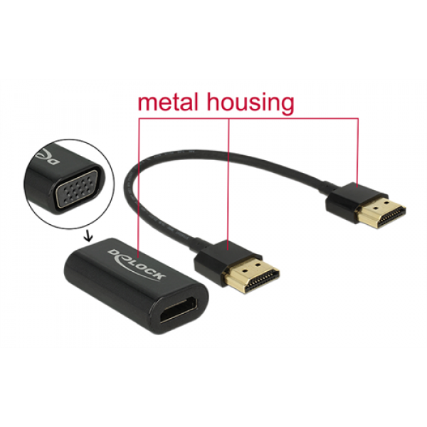 DeLOCK HDMI till VGA adapter, inkl 0,15m HDMI ha - ha kabel, svart 65667