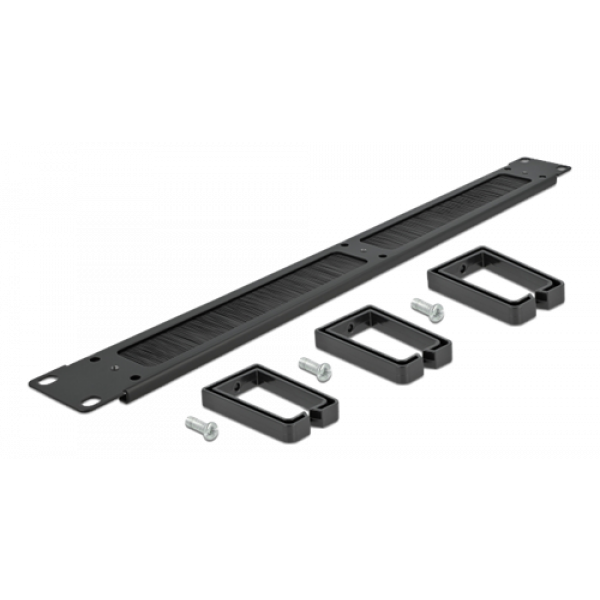 Delock 19″ Cable Management Brush Strip with 3 hooks 1U black 66488