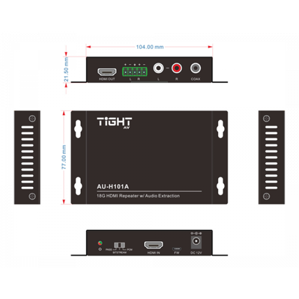 TiGHT AV AU-H101A | 4K60 HDMI 2.0 repeater with audio de-embedding 670-00000