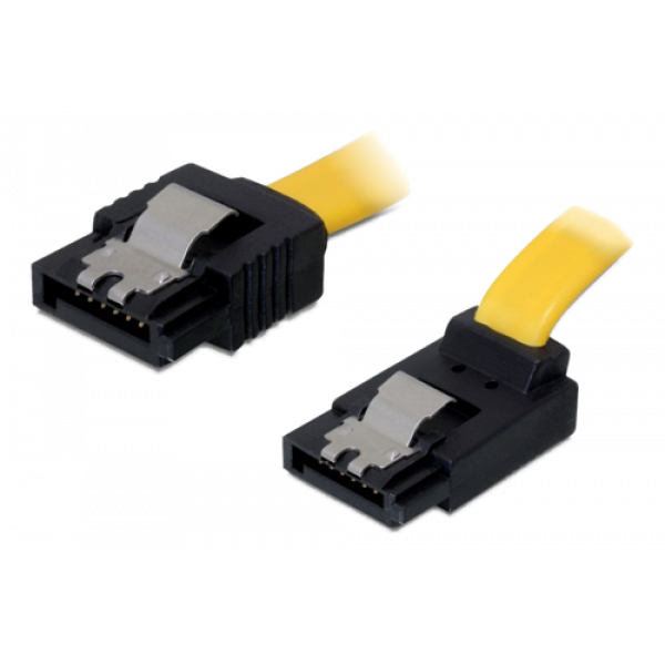 DeLOCK SATA-kabel, 0,3m, 6Gb/s, låsclip, vinklad uppåt - rak, gul 82799