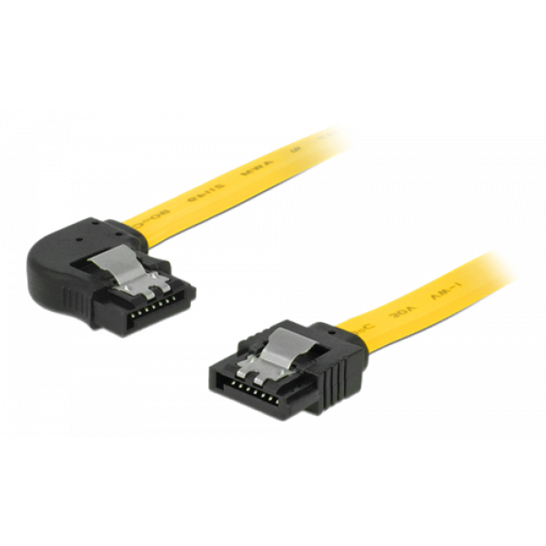 DeLOCK SATA-kabel, 0,3m, 6Gb/s, låsclip, vinklad vänster - rak, gul 82824