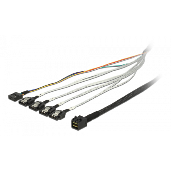DeLOCK mini SAS-kabel, 0,5m SFF-8643 - 4xSATA 7-pin + 1x8-pin sideband 83315