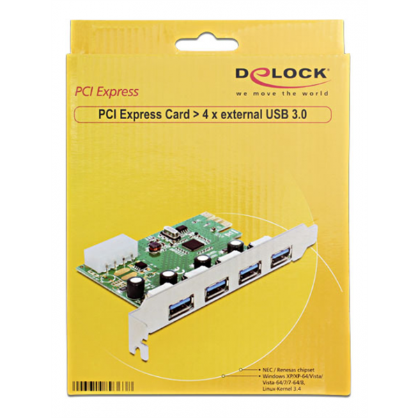 DeLOCK PCI-Express x1 kort, USB 3.0, 4xTyp A portar 89363