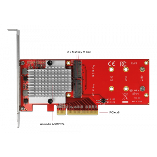 PCI Express x8 Card to 2 x internal NVMe M.2 Key M - Low Profile 90305