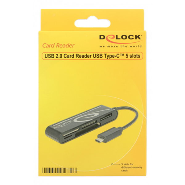 Delock USB 2.0 Kortläsare, USB-C hane, 5 kortplatser, 480 Mbps, svart 91739