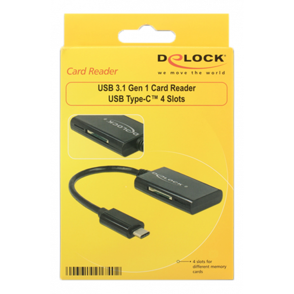 Delock USB 3.1 Gen 1 Kortläsare, USB-C hane, 4 kortplatser, svart 91740