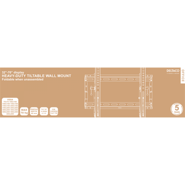DELTACO Office, heavy-duty tilt foldable, 32"-70", 70kg, 75x75-400x400 ARM-0203