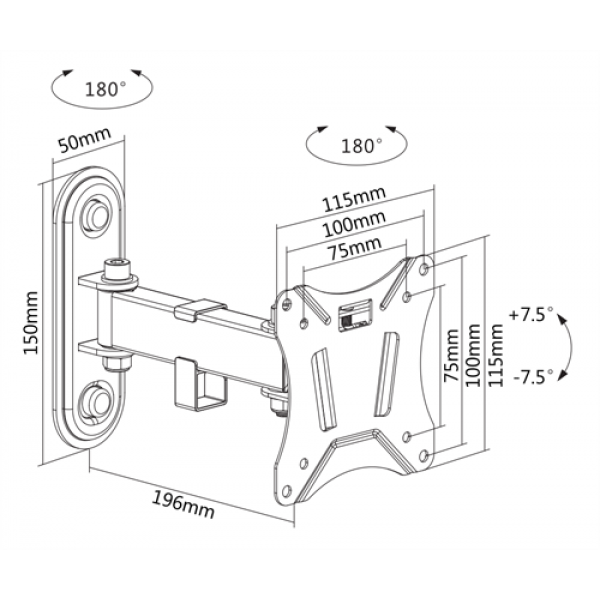 DELTACO Office, full-motion 2-way wall, 13"-27", 25kg, 75x75-100-100 ARM-0250