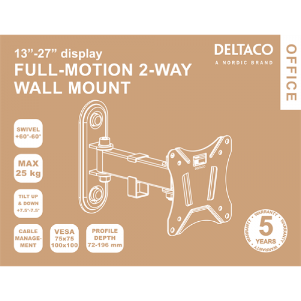 DELTACO Office, full-motion 2-way wall, 13"-27", 25kg, 75x75-100-100 ARM-0250