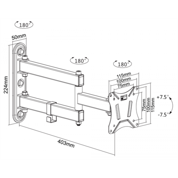 DELTACO Office, full-motion 3-way wall, 13"-27", 25kg, 75x75-100-100 ARM-0251