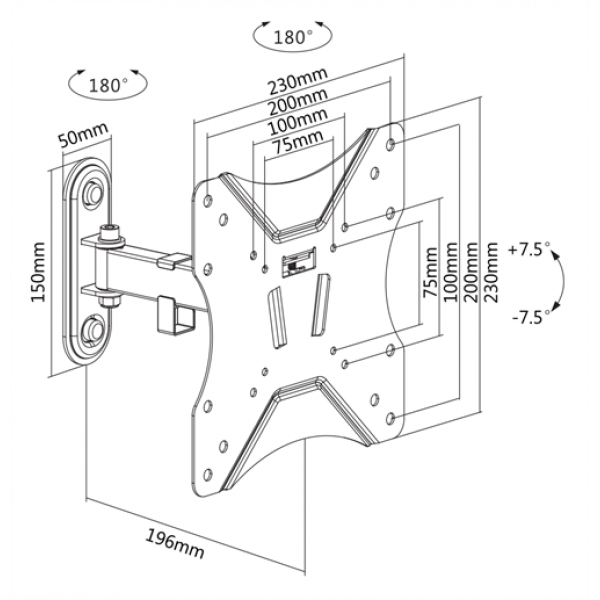 DELTACO Office, full-motion 2-way wall, 23"-42", 25kg, 75x75-200-200 ARM-0252