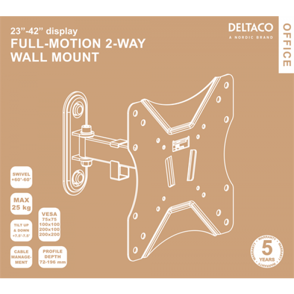 DELTACO Office, full-motion 2-way wall, 23"-42", 25kg, 75x75-200-200 ARM-0252
