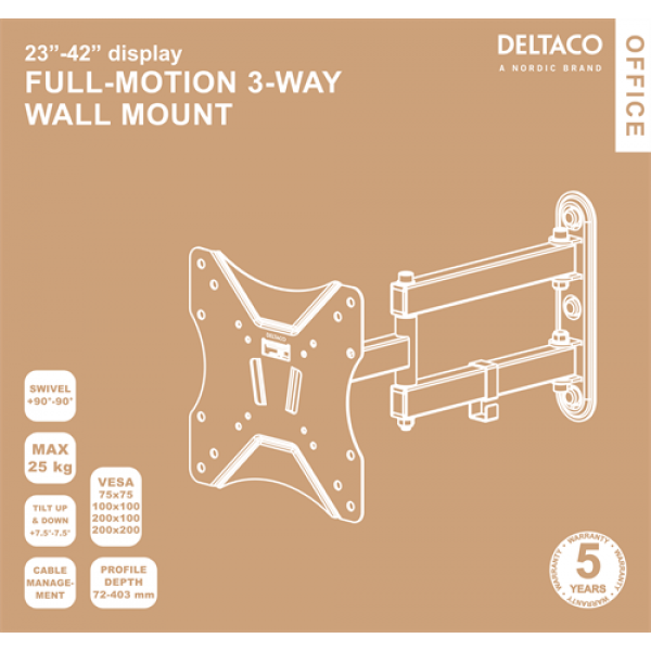 DELTACO Office, full-motion 3-way wall, 23"-42", 25kg, 75x75-200-200 ARM-0253