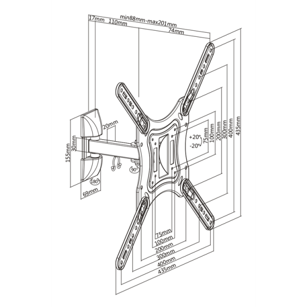 DELTACO Office, full-motion 2-way wall, 23"-55", 30kg, 75x75-400-400 ARM-0254