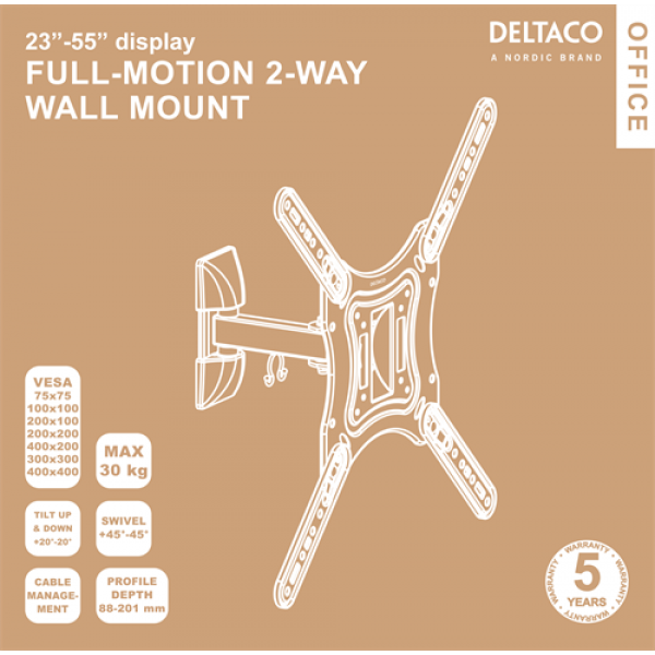 DELTACO Office, full-motion 2-way wall, 23"-55", 30kg, 75x75-400-400 ARM-0254