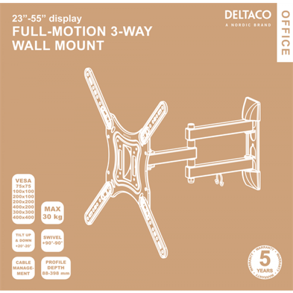 DELTACO Office, full-motion 3-way wall, 23"-55", 30kg, 75x75-400-400 ARM-0255