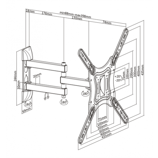 DELTACO Office, full-motion 3-way wall, 23"-55", 30kg, 75x75-400-400 ARM-0255