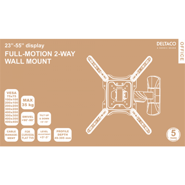 DELTACO Office, full-motion 2-way wall, 23"-55", 35kg, 75x75-400-400 ARM-0256