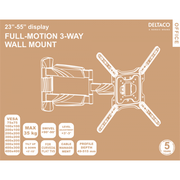 DELTACO Office, full-motion 3-way wall, 23"-55", 35kg, 75x75-400-400 ARM-0257