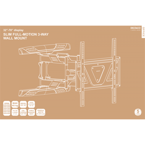 DELTACO Office, slim full-motion 3-way wall, 32"-70", 45kg, 200x200-40 ARM-0258