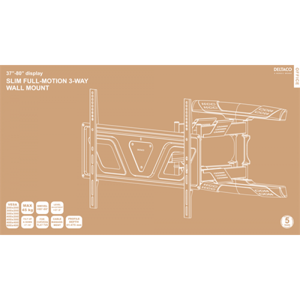 DELTACO Office, slim full-motion 3-way wall, 37"-80", 45kg, 200x200-60 ARM-0259