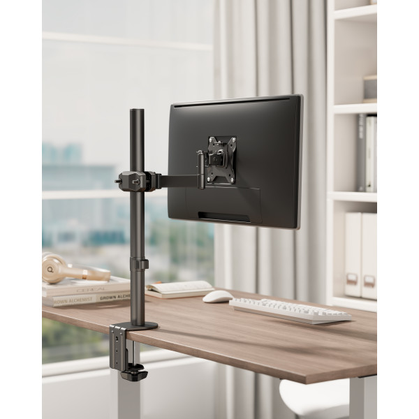 Material: Steel,PlasticSurface Finish: Powder CoatingColor: Fine Texture BlackDimensions: 114x382x142 mmFit Screen Size: 17"-32"Screen Quantity: 1Weight Capacity (per screen): 10 kgVESA Compatible: 75x75, 100x100Tilt Range: +30°~-30°Swivel Range: +90°~-90
