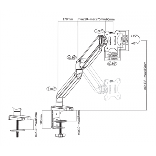 DELTACO Office, Singel desk, gas spring, 17"-32",1,5-8kg,75x75-100x100 ARM-0350