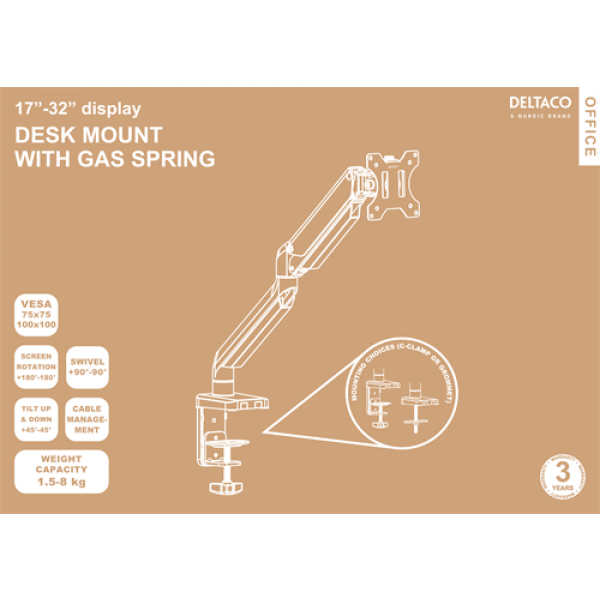 DELTACO Office, Singel desk, gas spring, 17"-32",1,5-8kg,75x75-100x100 ARM-0350