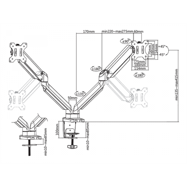 DELTACO Office, Dual desk, gas spring,17"-32",1,5-8kg,75x75-100x100 ARM-0351