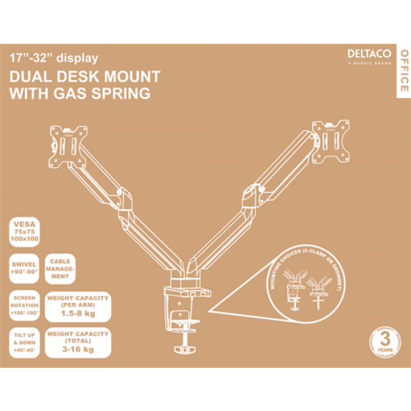 DELTACO Office, Dual desk, gas spring,17"-32",1,5-8kg,75x75-100x100 ARM-0351