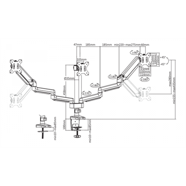 DELTACO Office, Tripple desk, gas spring,17"-27",1,5-8kg,75x75-100x100 ARM-0352
