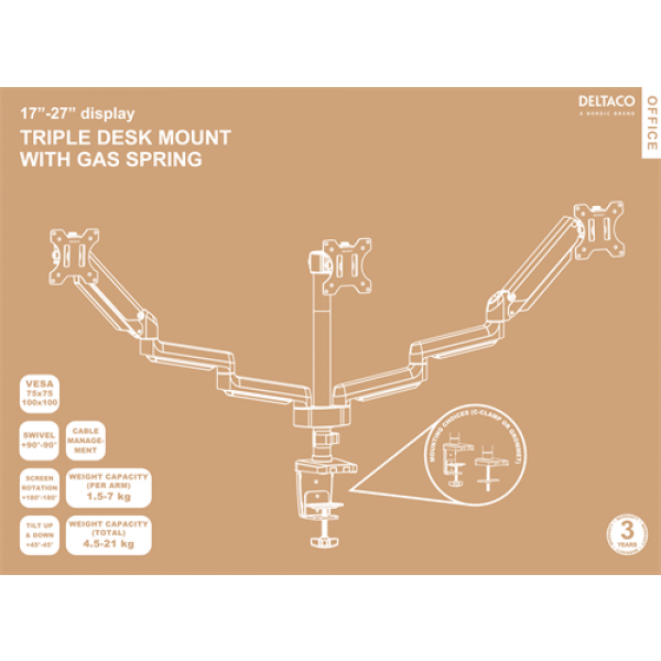 DELTACO Office, Tripple desk, gas spring,17"-27",1,5-8kg,75x75-100x100 ARM-0352