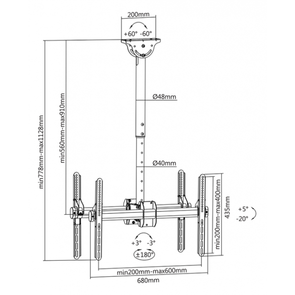 DELTACO Office Telescopic Double TV Ceiling, 560mm-910mm,45kg,37"-70" ARM-0403