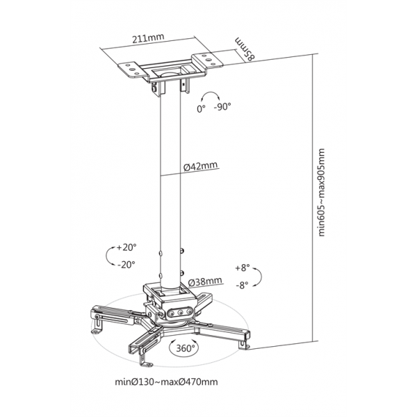 DELTACO Office Projector Adjustable Ceiling mount, 605mm-905mm, 35kg ARM-0411