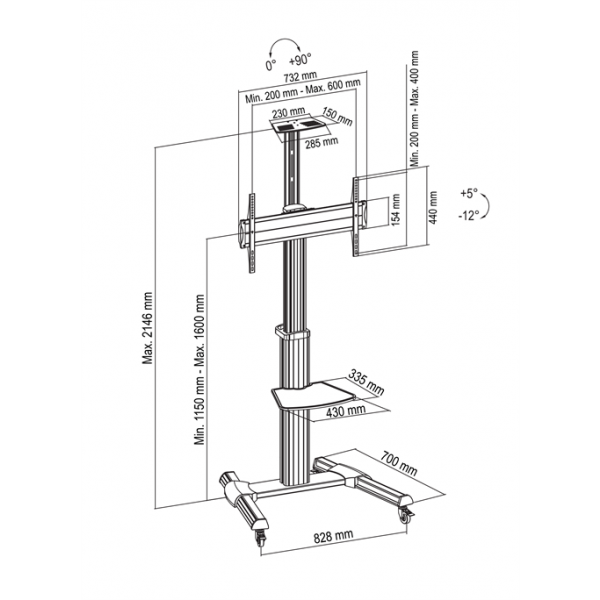 DELTACO Office Display Cart, crank handle, 37"-70",50kg,port-landscape ARM-0450