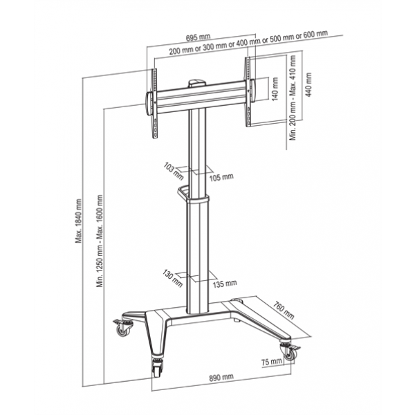 DELTACO Office Display Cart, 37"-70", 70kg, black ARM-0451