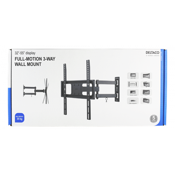 DELTACO, full-motion 3-way wall, 32"-55", 35kg, 200x200-400x400 ARM-1200