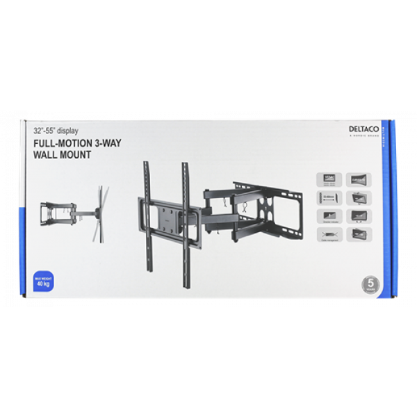 DELTACO, full-motion 3-way wall, 32"-55", 40kg, 200x200-400x400 ARM-1202