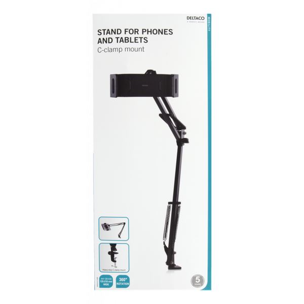 DELTACO Stativ för smartphones & surfplattor 4"-12.9", c-clamp, 360° ARM-278