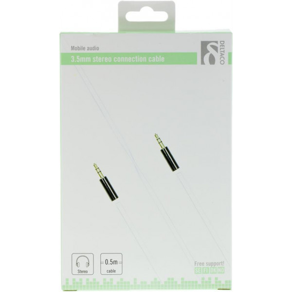 DELTACO ljudkabel, 3,5mm hane till 3,5mm hane, 0,5m, vit