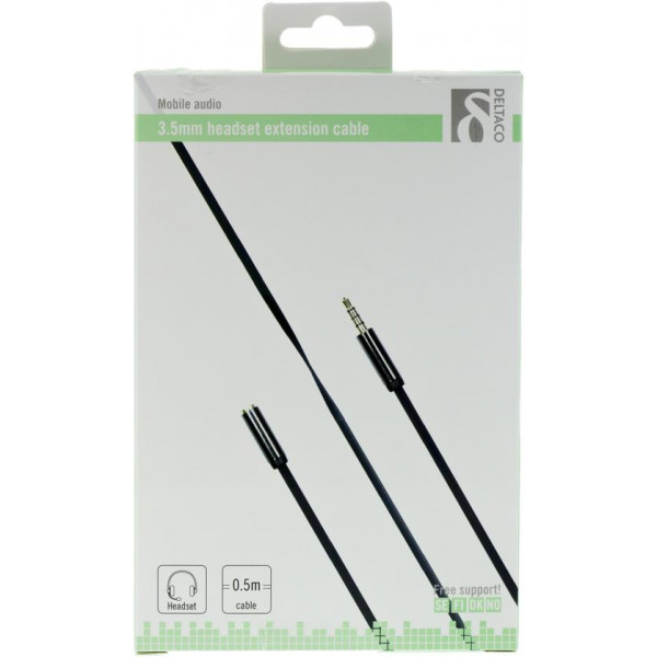 DELTACO ljudkabel, 3,5mm hane till 3,5mm hona, 0,5m, svart