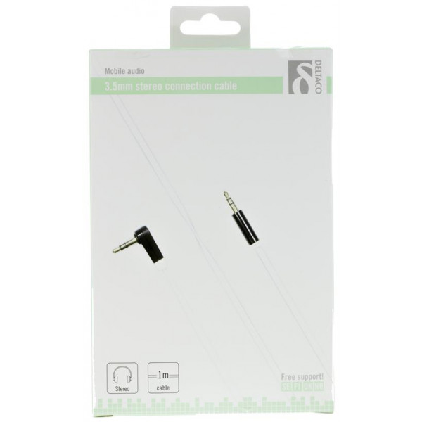 DELTACO ljudkabel, vinklad 3,5mm hane till 3,5mm hane, 1m, vit