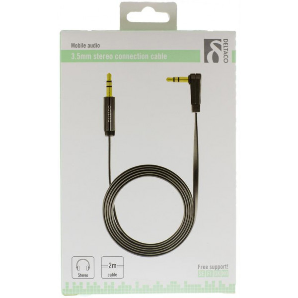 DELTACO ljudkabel, vinklad 3,5mm hane - 3,5mm hane, 2m, svart