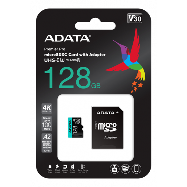 ADATA 128GB MicroSDXC UHS-I U3 V30S A2 R/W:100/80 MB/s AUSDX128GUI3V30SA2-RA1