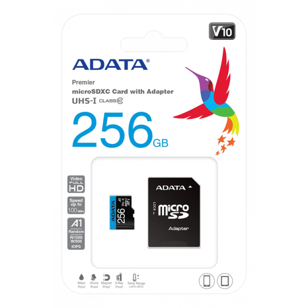 ADATA 256GB MicroSDXC UHS-I CLASS10 A1 R/W:100/25 MB/s AUSDX256GUICL10A1-RA